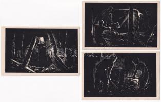 Varsányi Pál: Bányászok c. fametszet sorozat - 6 db modern Művészeti Alkotások magyar szocialista pr...