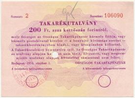Budapest 1954. Takarékutalvány 200Ft-ról, bélyegzéssel, lyukasztással érvénytelenítve T:I-