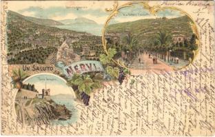 1899 Nervi, Veduta generale, Via Vittorio Emanuele, Torre Gropallo / general view, street view, tower. Carl Künzli Art Nouveau, floral, litho (Rb)