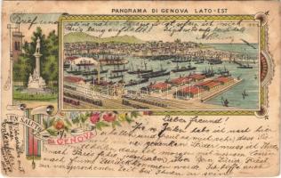 Genova, Genoa; Panorama di Genova Lato-Est / general view, port, railway station, train, monument. Art Nouveau, floral, litho (EB)