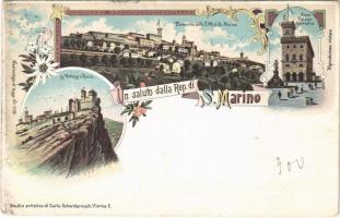 San Marino, La Fortezza o Rocca, Panorama della Citta di S. Marino, Nuovo Palazzo Governativo / fort, general view, government palace. Carlo Schwidernoch No. 2258. Art Nouveau, floral, litho (EK)