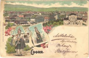 1899 Sofia, Sophia, Sofiya; general view, Bulgarian folklore. Art Nouveau, floral, litho (EB)