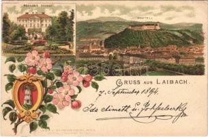 1894 (Vorläufer!!!) Ljubljana, Laibach; Schloss Tivoli, Kastell / castle, coat of arms. Art Nouveau, floral, litho (EK)