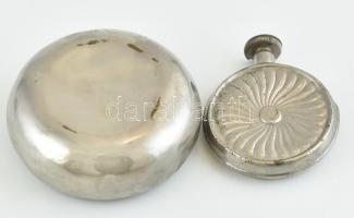Kölnis flakon, tubákos szelence, kopott, horpadt. d: 6 és 7 cm