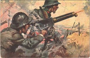 WWII Italian military art postcard, machine gun (EK)
