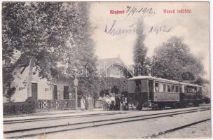 1912 Kisjenő, Chisineu-Cris; vasúti indóház, vasútállomás, vonat. Messzer Lipót kiadása / railway station, train (fl)
