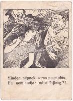 1939 Minden népnek sorsa pusztulás ha nem tudja: mi a fajiság?! Antiszemita szovjet-ellenes propaganda lap. Felelős kiadó Nagykálnai Levatich László, Held János könyvnyomdája / What is racism? Hungarian anti-Semitic and anti-Soviet propaganda mocking art postcard. Judaica (gyűrődések / creases)