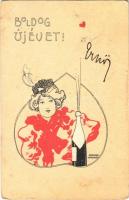 1899 Boldog Újévet! / Art Nouveau lady with champagne and New Year greetings. litho s: Raphael Kirchner (fa)