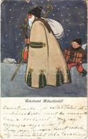 1919 Üdvözlet a Mikulástól! Magyar Rotophot Társaság No. 6734/2. / Christmas greeting art postcard with Saint Nicholas s: Pólya Tibor (szakadás / tear)