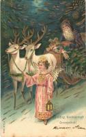 1903 Boldog karácsonyi ünnepeket! / Christmas greeting art postcard with Saint Nicholas, reindeer and angel. M.S.i.B. Emb. litho (fl)