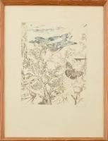 Reich Károly (1922-1988): Gébics. Színes rézkarc, papír, jelzett, számozott: 82/100. Üvegezett, kissé kopott fa keretben, 24,5×19,5 cm