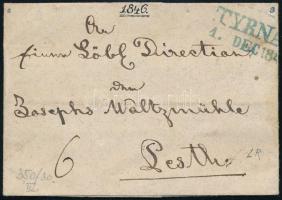 1846 Portós levél / Unpaid cover, kék / blue "TYRNA(U)" - Pesth