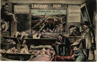 1911 Baja, Belvárosi részlet, lakáshiány, éjjeli szállás idegeneknek. Humoros montázs, Wurmfeld Gyula kiadása (fl)