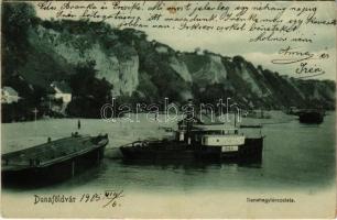 1905 Dunaföldvár, Duna hegyláncolata, DÉL oldalkerekes vontató gőzhajó. Somló Manó kiadása