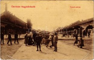 1917 Nagykőrös, Vasút utca, piac árusokkal, üzletek, gyár. W.L. 277. (Rb)