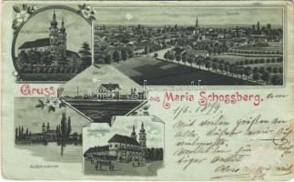 1899 Sasvár, Mária Sasvár, Maria-Schlossberg, Sastín (Sasvár-Morvaőr, Sastín-Stráze); Wallfahrtskirche, Bahnhof, Klosterplatz / Búcsújáró templom, vasútállomás, vonat, gőzmozdony, Kolostor tér / pilgrimage church, railway station, locomotive, train, square. Art Nouveau, floral, litho (b)