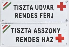 &quot;Tiszta udvar, rendes férj&quot; + &quot;Tiszta asszony, rendes ház&quot; - 2 db zománcozott fém tábla, kis sérülésekkel, 30×9,5 cm