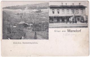 Márkusfalva, Márkusfalu, Márkus-Csépánfalu, Marxdorf, Marksdorf, Markusovce; Rostoken Eisensteingruben, Bahnhof / bánya, vasútállomás / mine, railway station (szakadás / tear)