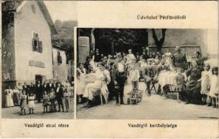 1917 Pétfürdő, Hollós Vilmos fürdő vendéglő utcai része és kerthelyiség. Hollós Vilmos saját kiadása, Fekete Zoltán fényk. (EK)