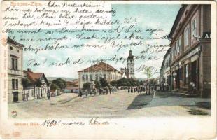1905 Szepesbéla, Spisská Belá (Szepes, Zips); Fő tér, Gyógyszertár, üzletek. Feitzinger Ede 560. 1902/12. / Hauptplatz / main square, pharmacy, shops (Rb)