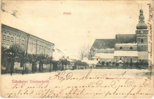 1902 Csetnek, Stítnik; Fő tér télen, Evangélikus templom, üzlet. Rezessy Manó kiadása / main square in winter, Lutheran church, shop (EM)