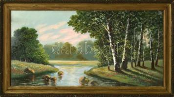 Neogrády László jelzéssel: Táj. Olaj, karton. Sérült fa keretben. 37,5x73 cm