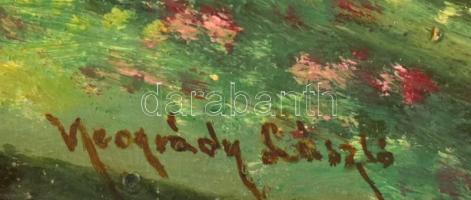 Neogrády László jelzéssel: Táj. Olaj, karton. Sérült fa keretben. 37,5x73 cm