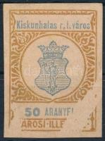 1924 Kiskunhalasi illetékbélyeg 50 aranyfillérről, erős nyomathiánnyal