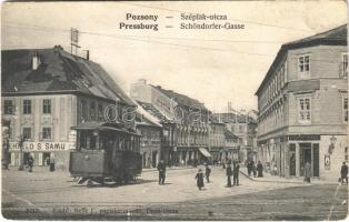 Pozsony, Pressburg, Bratislava; Széplak utca, villamos, Schönbeck Ferenc, Günther Á. üzlete. Nefe J. kiadása / Schöndorfer-Gasse / street view, tram, shops (szakadás / tear)