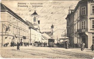 1909 Pozsony, Pressburg, Bratislava; Spitalgasse / Kórház utca, villamos, Duschinsky G. üzlete / Hospital Street, tram, shops (EK)