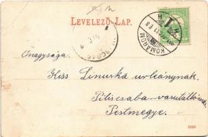 1907 Komárom, Komárno; Központi szálloda, étterem és kávéház, üzletek, magyar zászlók / hotel, resta...