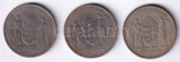 1930. 5P Ag "Horthy jobbra" (3x) T:3 patina Adamo P8
