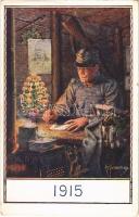 Weihnachten 1915 / WWI Austro-Hungarian K.u.K. military art postcard with Christmas greeting, Franz Joseph I of Austria portrait s: Kuderna (EK)