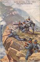 Szellős tüzelőállás az olasz határon / Eine luftige Feuerstellung / WWI Austro-Hungarian K.u.K. military art postcard, mountain troops with machine gun s: C. Benesch (EK)