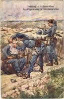 1917 Vasárnap a lövészárokban / Sonntagstoilette im Schützengraben / WWI Austro-Hungarian K.u.K. military art postcard, Sunday in the trenches (r)