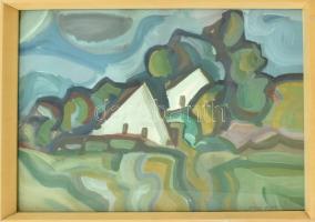 Lippai jelzéssel (Lippai Tamás, 1946-1990?): Zöldellő táj. Tempera, papír. Üvegezett fa keretben. 49...