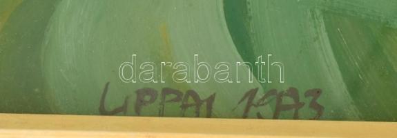 Lippai jelzéssel (Lippai Tamás, 1946-1990?): Zöldellő táj. Tempera, papír. Üvegezett fa keretben. 49...