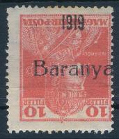 Baranya I. 1919 Károly 10f fordított felülnyomással / Mi 35 with inverted overprint. Signed: Bodor