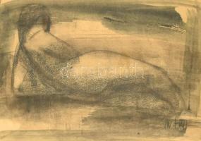 M.Tóth István (1922-2006): Fekvő női akt. Lavírozott tus, szén, papír, jelzett, üvegezett fa keretben, 26,5×37 cm