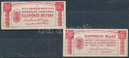 ~1914 M. Kir. Honvédelmi Minisztérium Hadsegélyező Hivatalának 2 db ellenőrző bélyege, magyar és horvát nyelvűek