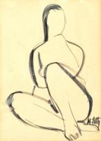 M.Tóth István (1922-2006): Ülő női akt. Lavírozott tus, papír, jelzett, fa keretben, 27×19,5 cm