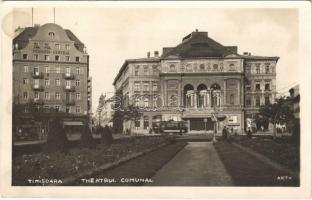 1934 Temesvár, Timisoara; Városi színház, villamos, Bánáti bankegyesület rt., Jachan Riviera, Központi szálloda, zsinagóga / Theatrui Comunal, Pension Central / theatre, tram, bank, shops, hotel, synagogue. photo