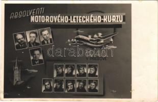 1948 Eperjes, Presov; Absolventi Motorového Leteckého Kurzu / Graduates of the Motor Aviation Course, aircraft / A motoros repülés tanfolyam végzősei, repülőgép. photo (fl)