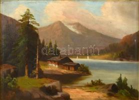 Jelzés nélkül, feltehetően a XX. sz elején működött festő alkotása: Alpesi táj. Olaj, vászon, sérült. Dekoratív, sérült fa keretben, 46,5×65 cm