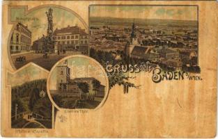 1900 Baden bei Wien, Hauptplatz, Eisernes Thor, Chotera Kapelle / main square, gate, chapel. Art Nouveau, floral, litho (tear)