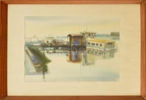 Kedves István (?-2019): Mohácsi kikötő (Duna-part). Akvarell, papír, jelzett a hátoldalán. Üvegezett fa keretben, 34,5×47,5 cm