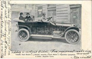 Budapest XIII. Pannónia utca, Benz automobil. Utasok: Hajó Sándor a &quot;Lakájok&quot; szerzője, Faludi Miklós a Vígszínház igazgatója, és Hegedűs Gyula sofőr. Színházi Élet melléklete