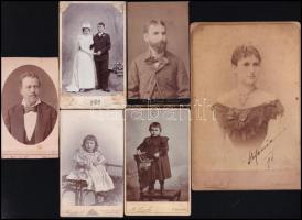 cca 1890-1900 Műtermi portrék, közte egy esküvői, 6 db keményhátú fotó temesvári műtermekből (Kossak J., Hess & Kossak, Funk M.), 10x6 cm és 16,5x11 cm közötti méretben