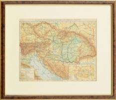 cca 1900 Ausztria és Magyarország hegy és vízrajzi térképe üvegezett keretben 21x26 cm