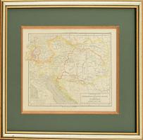 cca 1900 Ausztria és Magyarország és Dél-Németország politikai térképe üvegezett keretben 21x26 cm